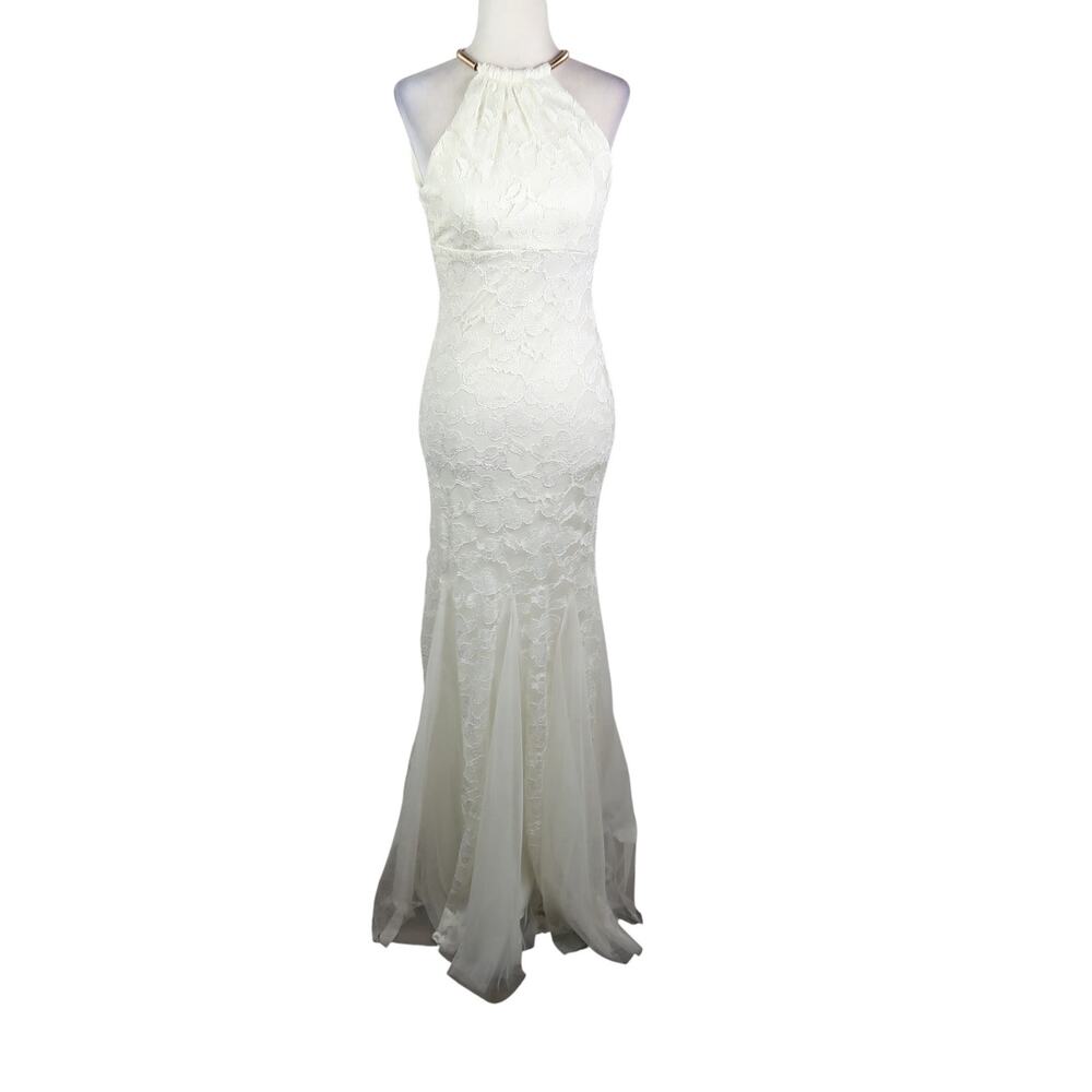 Vintage Cache Cream Floral Lace Halter Formal Long Gown Maxi Dress 0